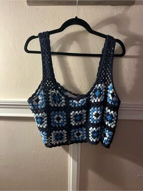 Navy Crochet Top with Blue and White Accents